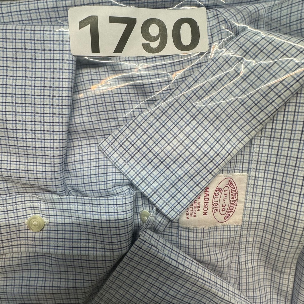 Brooks Brothers Madison Fit Gingham Dress Shirt Mens 17 1/2 34 Blue White Check - Picture 8 of 8